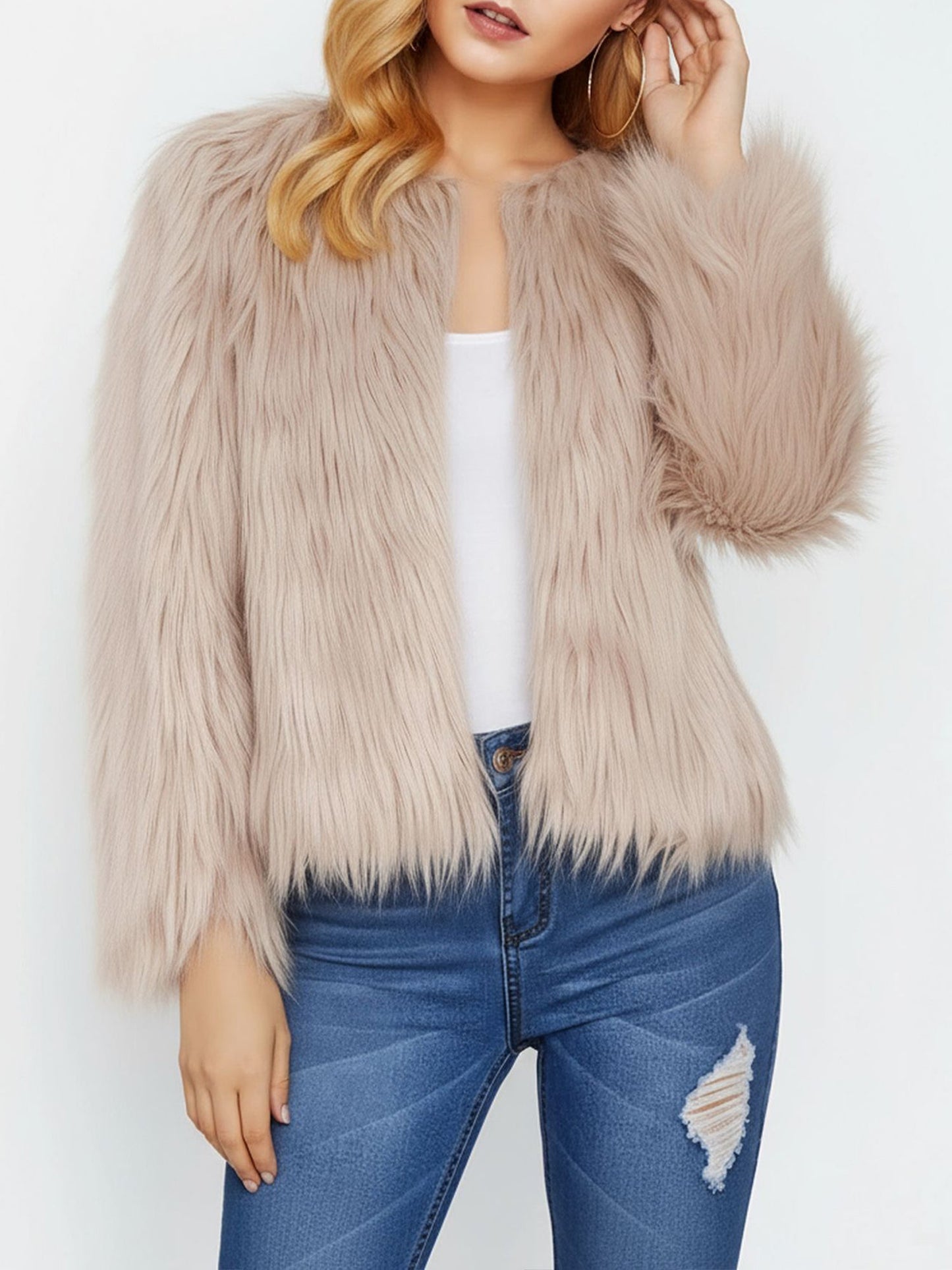 Long Sleeves Collarless Cropped Faux Fur Coat