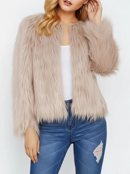 Long Sleeves Collarless Cropped Faux Fur Coat
