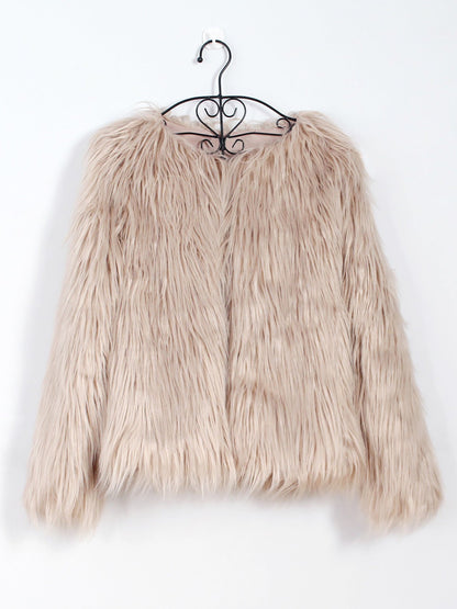 Long Sleeves Collarless Cropped Faux Fur Coat