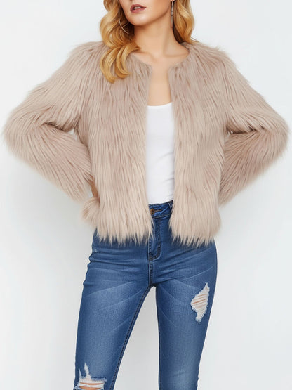 Long Sleeves Collarless Cropped Faux Fur Coat