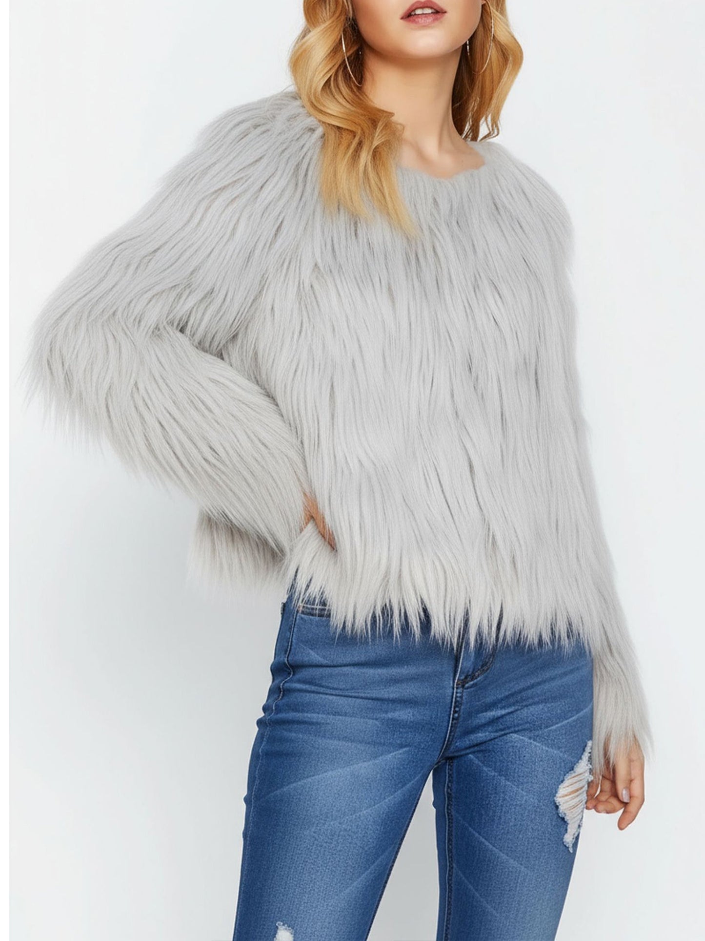Long Sleeves Collarless Cropped Faux Fur Coat