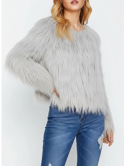 Long Sleeves Collarless Cropped Faux Fur Coat