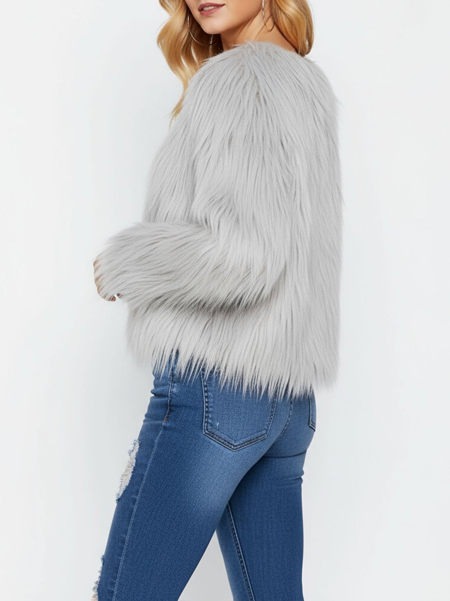 Long Sleeves Collarless Cropped Faux Fur Coat
