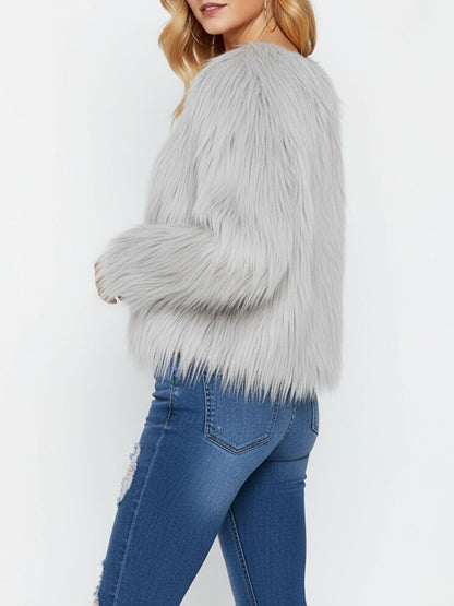 Long Sleeves Collarless Cropped Faux Fur Coat