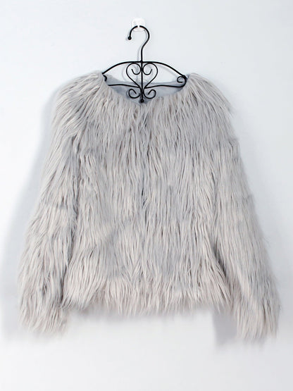 Long Sleeves Collarless Cropped Faux Fur Coat