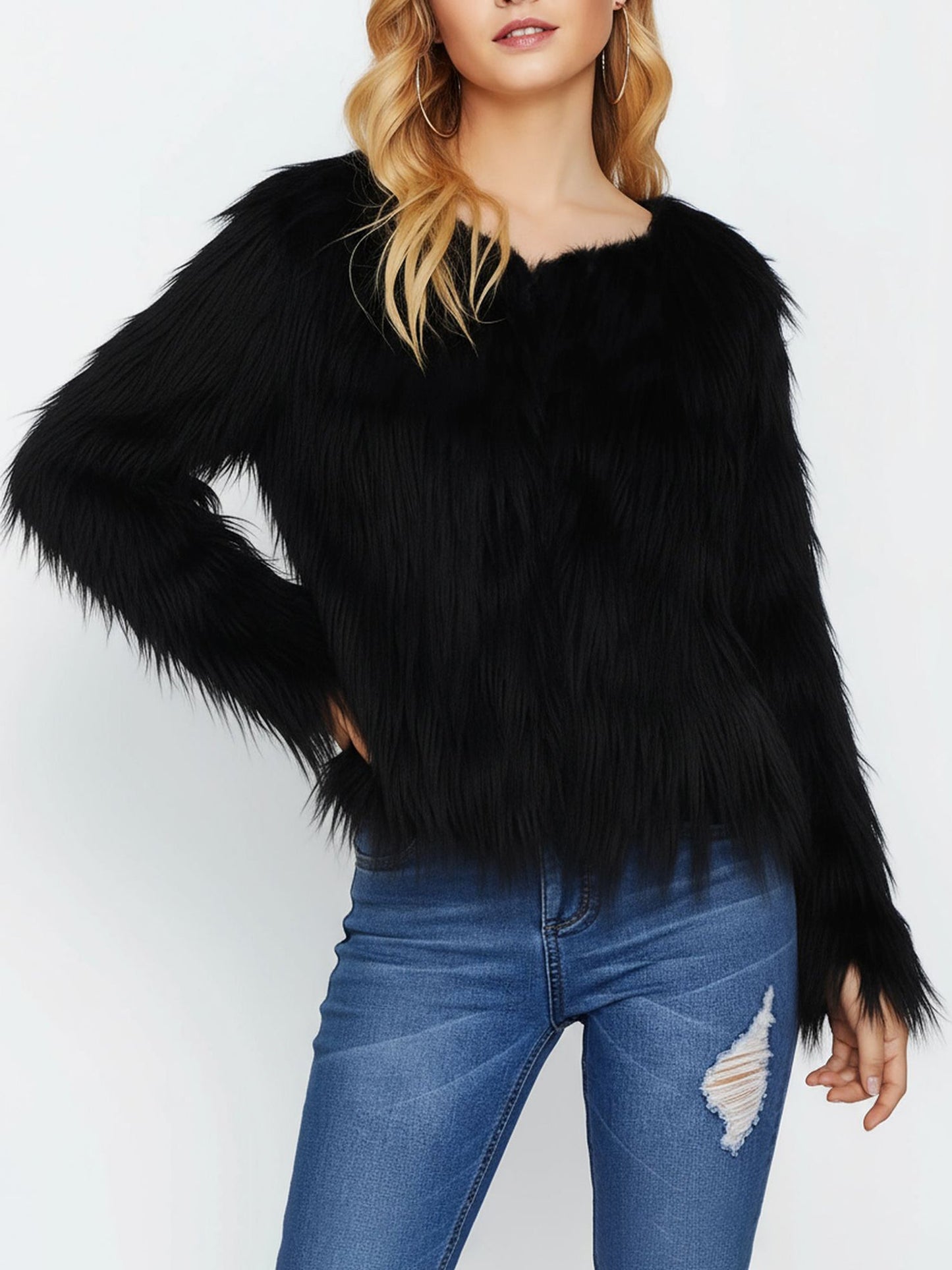 Long Sleeves Collarless Cropped Faux Fur Coat