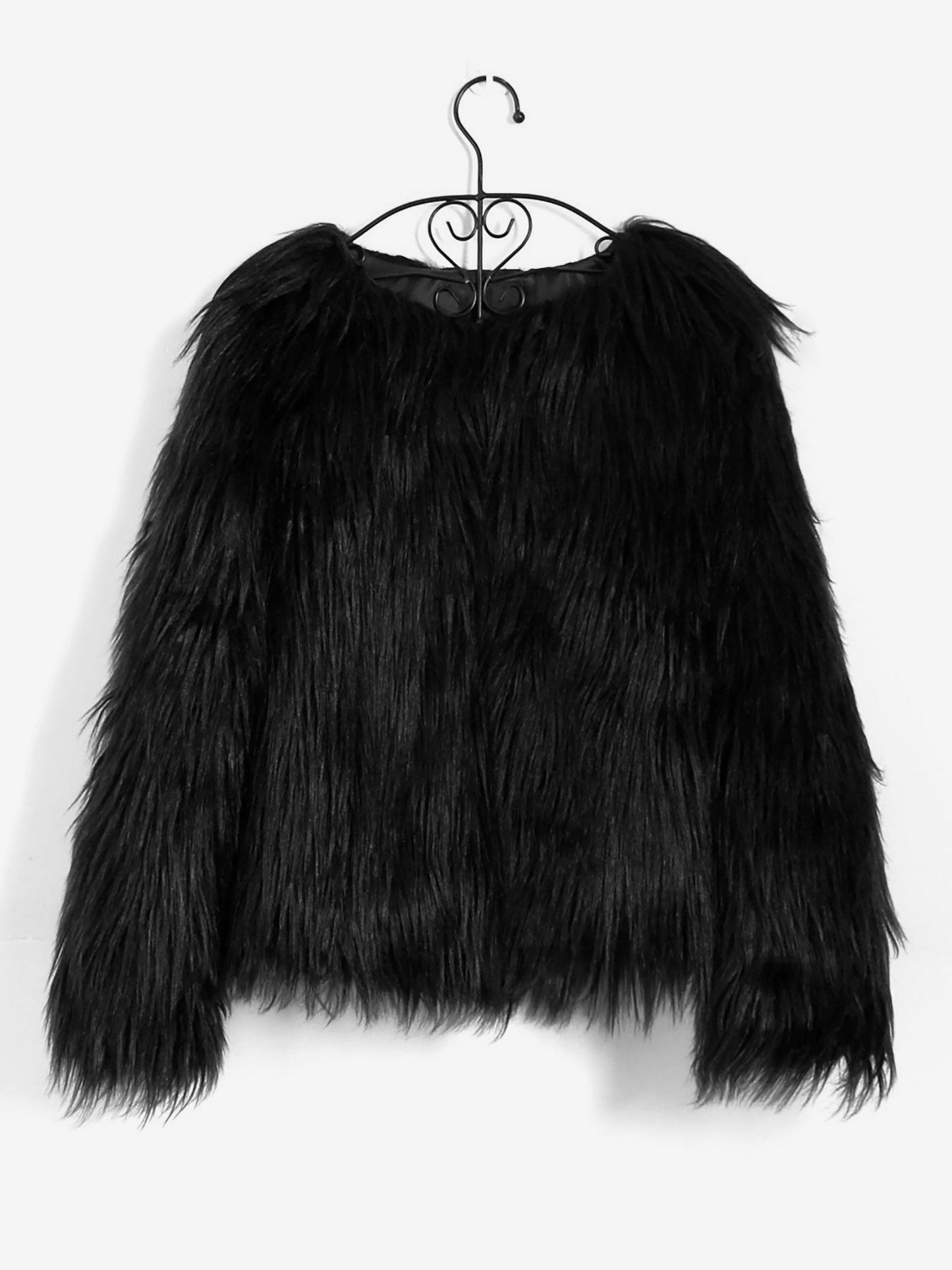 Long Sleeves Collarless Cropped Faux Fur Coat