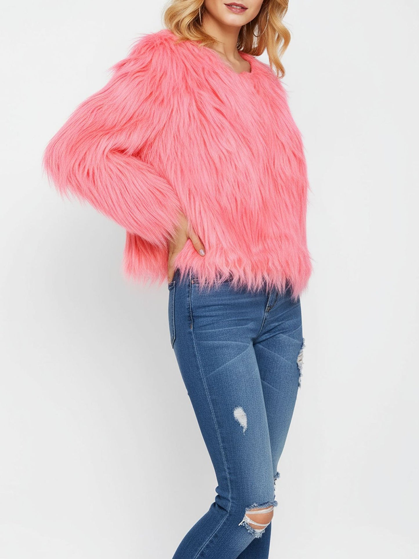Long Sleeves Collarless Cropped Faux Fur Coat