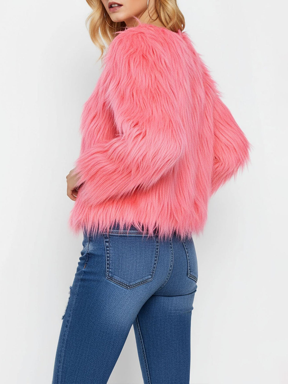 Long Sleeves Collarless Cropped Faux Fur Coat