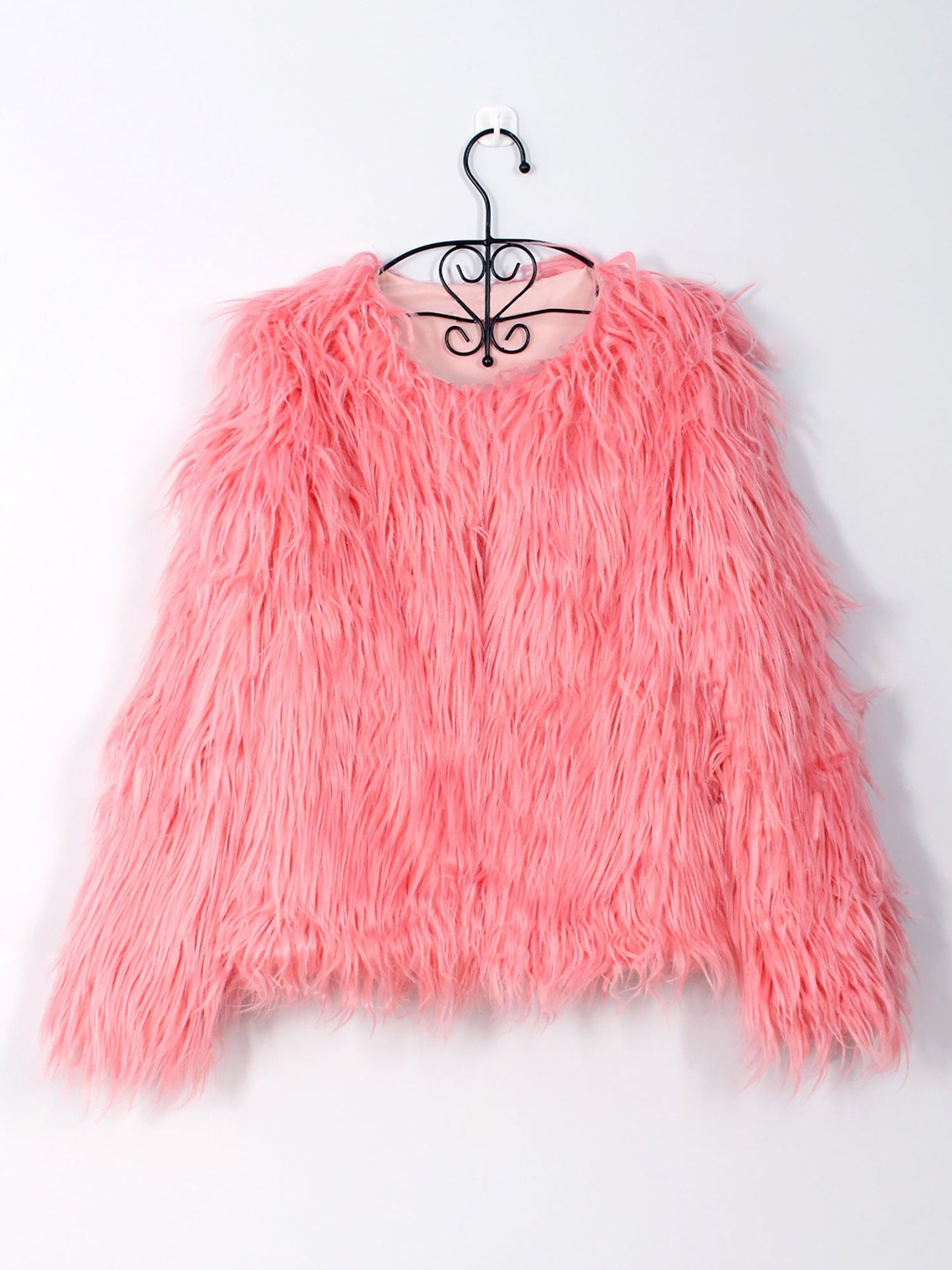 Long Sleeves Collarless Cropped Faux Fur Coat