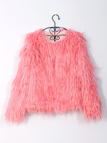 Long Sleeves Collarless Cropped Faux Fur Coat