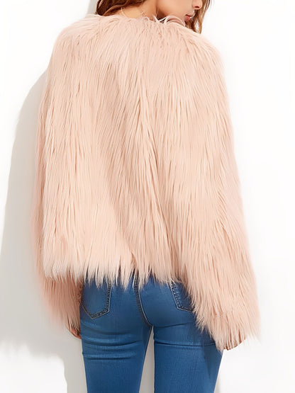 Long Sleeves Collarless Cropped Faux Fur Coat
