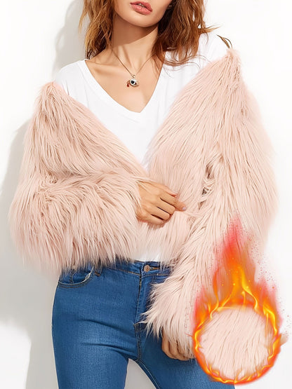 Long Sleeves Collarless Cropped Faux Fur Coat