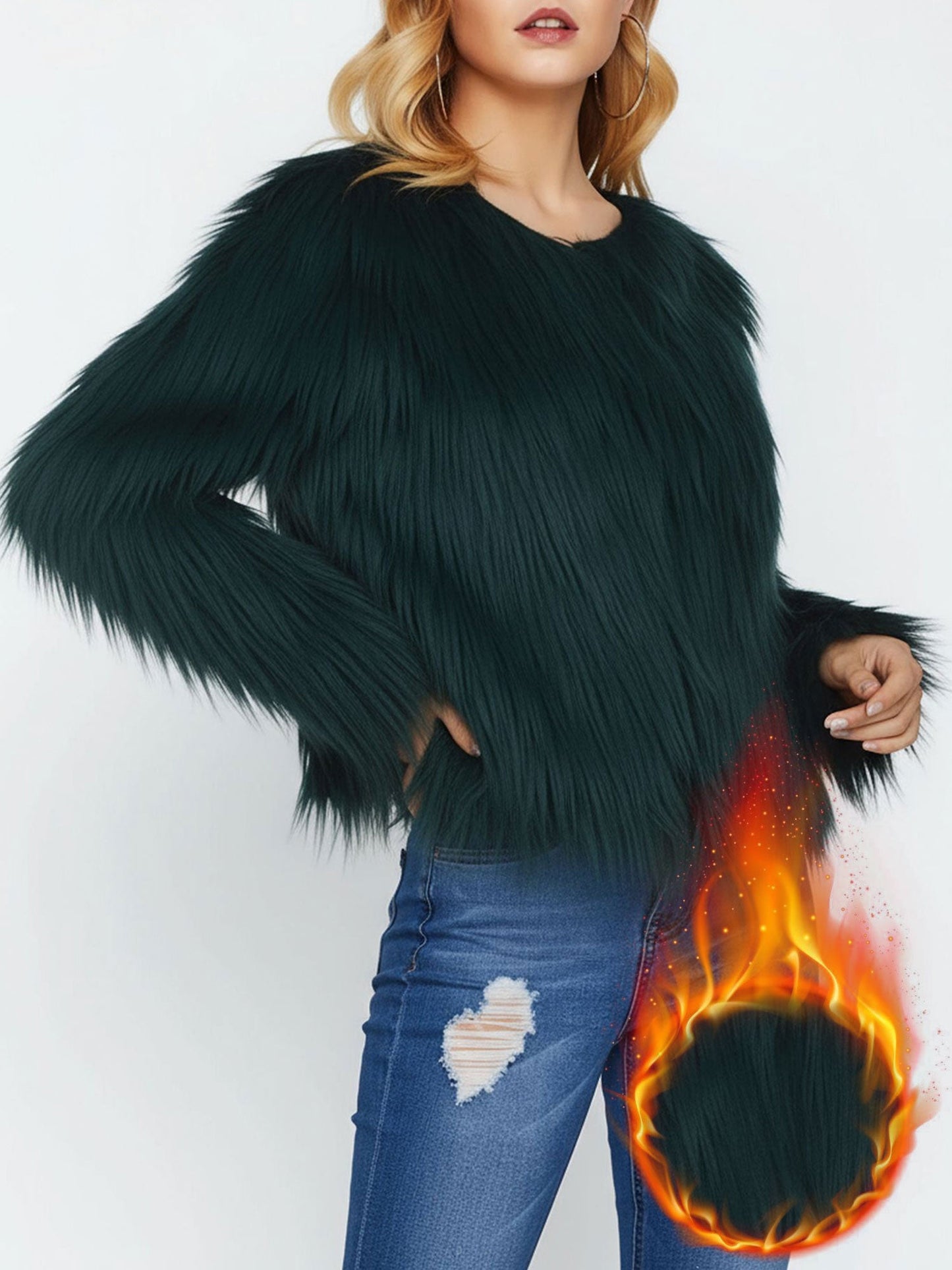 Long Sleeves Collarless Cropped Faux Fur Coat