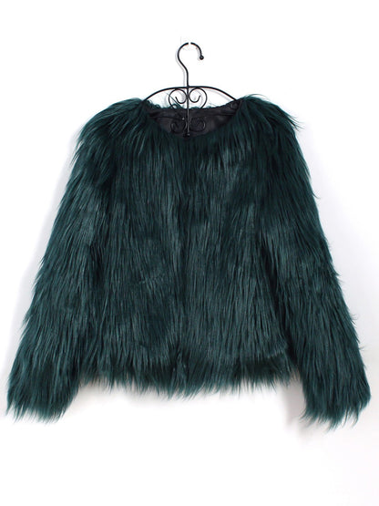 Long Sleeves Collarless Cropped Faux Fur Coat