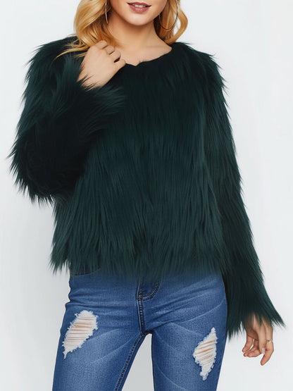 Long Sleeves Collarless Cropped Faux Fur Coat