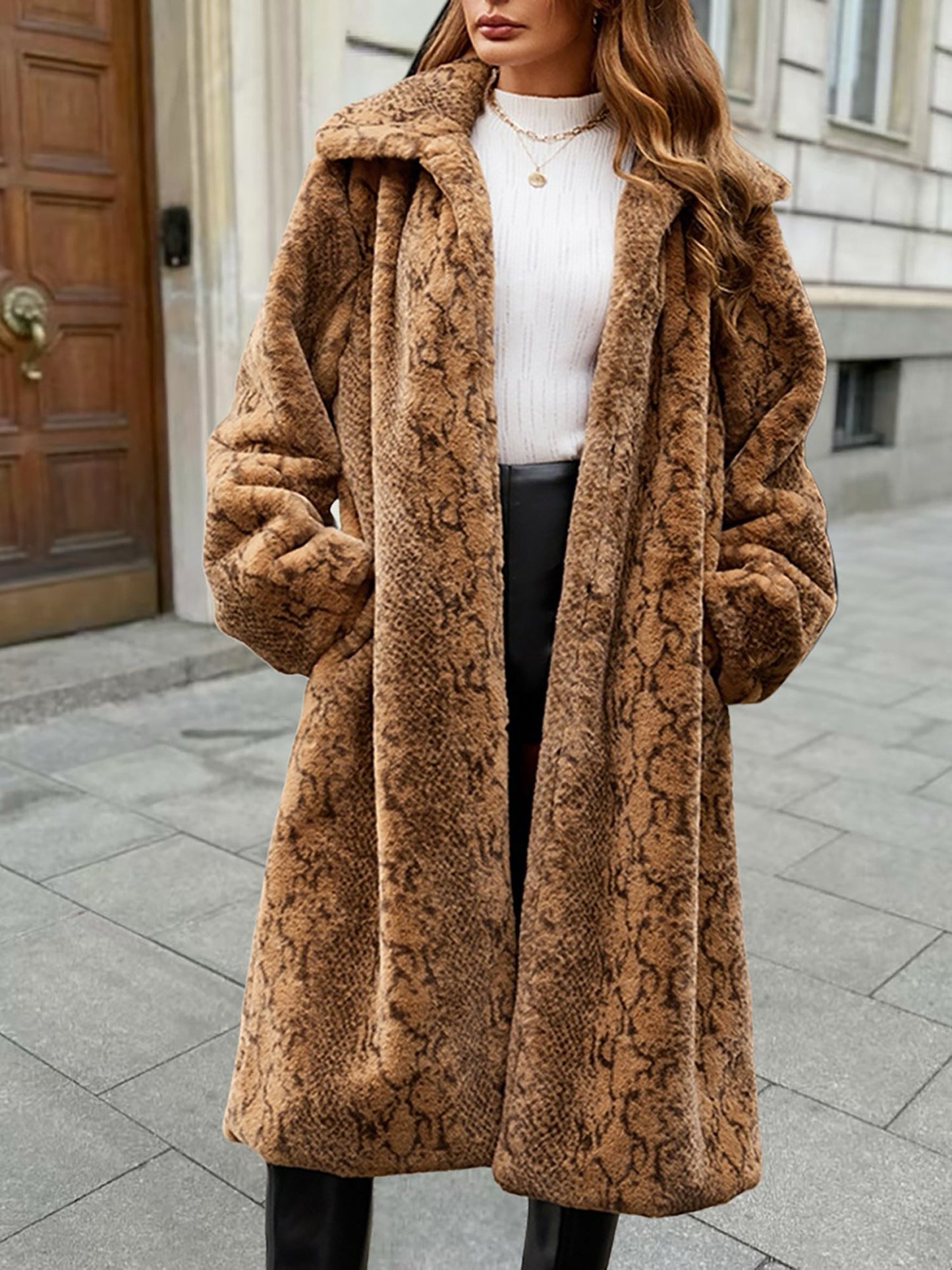 Collared Long Sleeves Leopard Faux Fur Long Coats