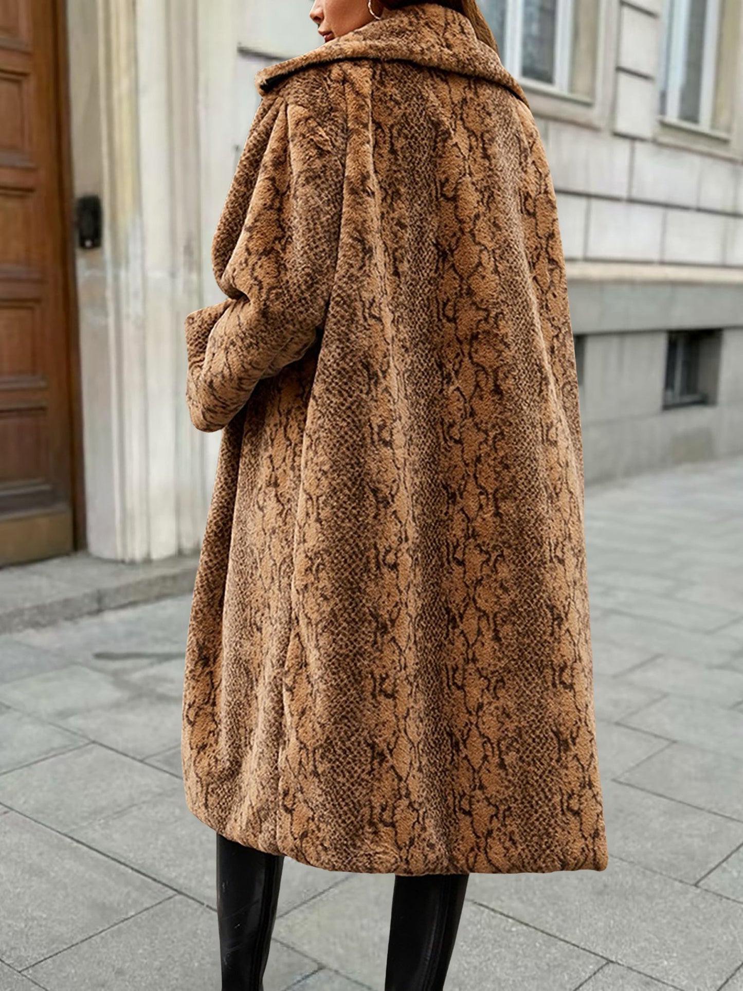 Collared Long Sleeves Leopard Faux Fur Long Coats