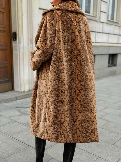 Collared Long Sleeves Leopard Faux Fur Long Coats