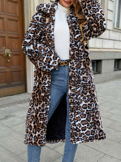 Collared Long Sleeves Leopard Faux Fur Long Coats