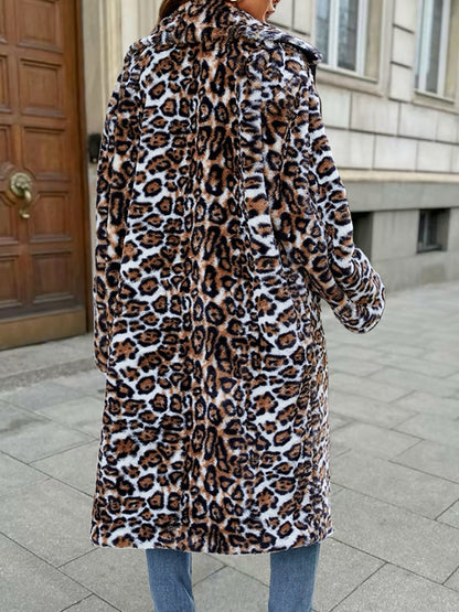 Collared Long Sleeves Leopard Faux Fur Long Coats