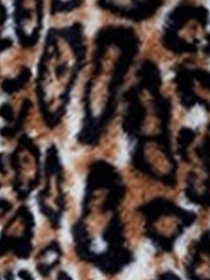 Collared Long Sleeves Leopard Faux Fur Long Coats