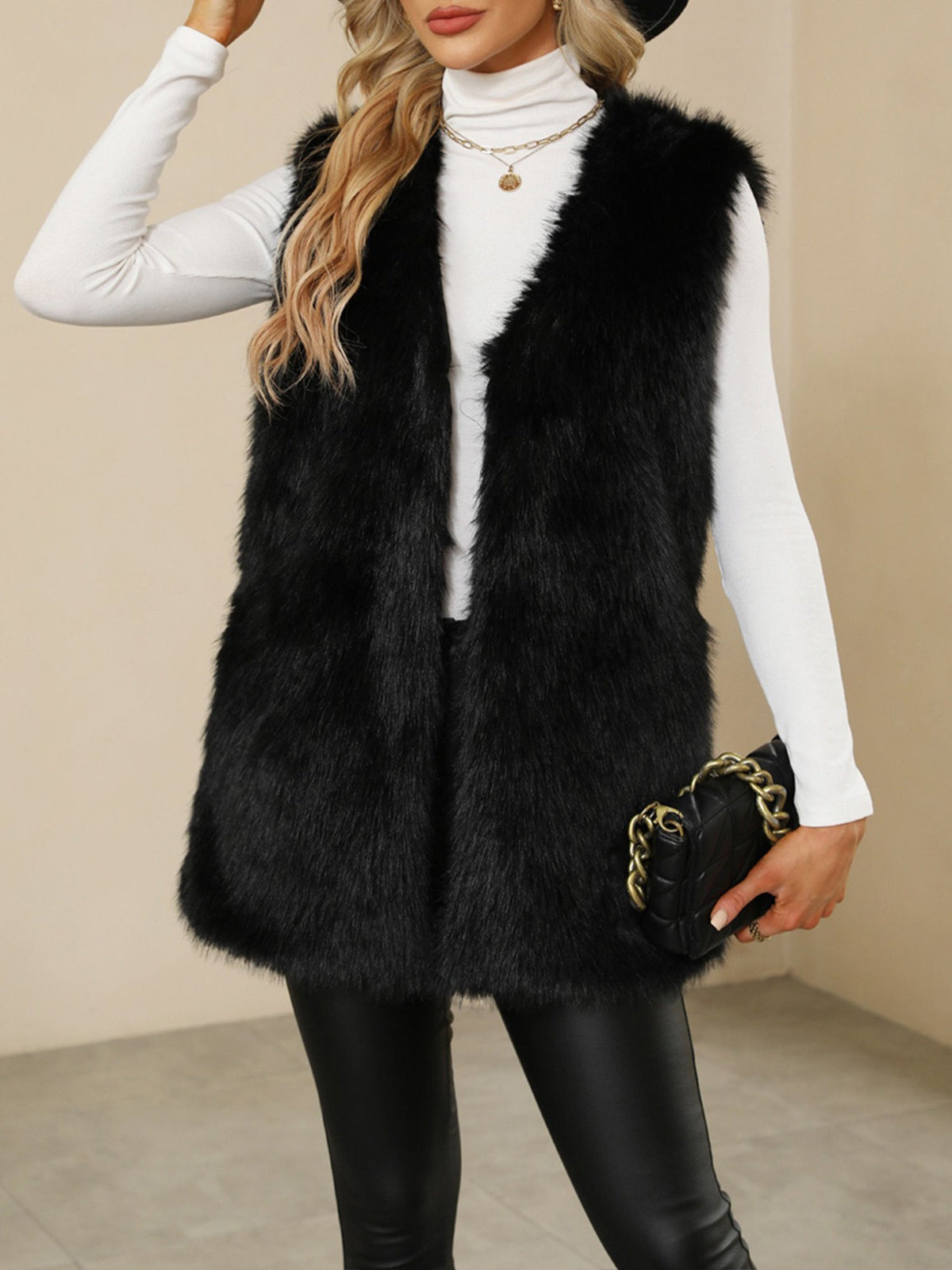 Collarless Sleeveless Open Front Faux Fur Vest