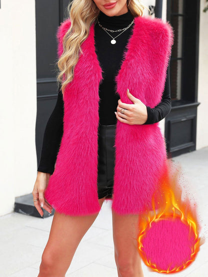 Collarless Sleeveless Open Front Faux Fur Vest