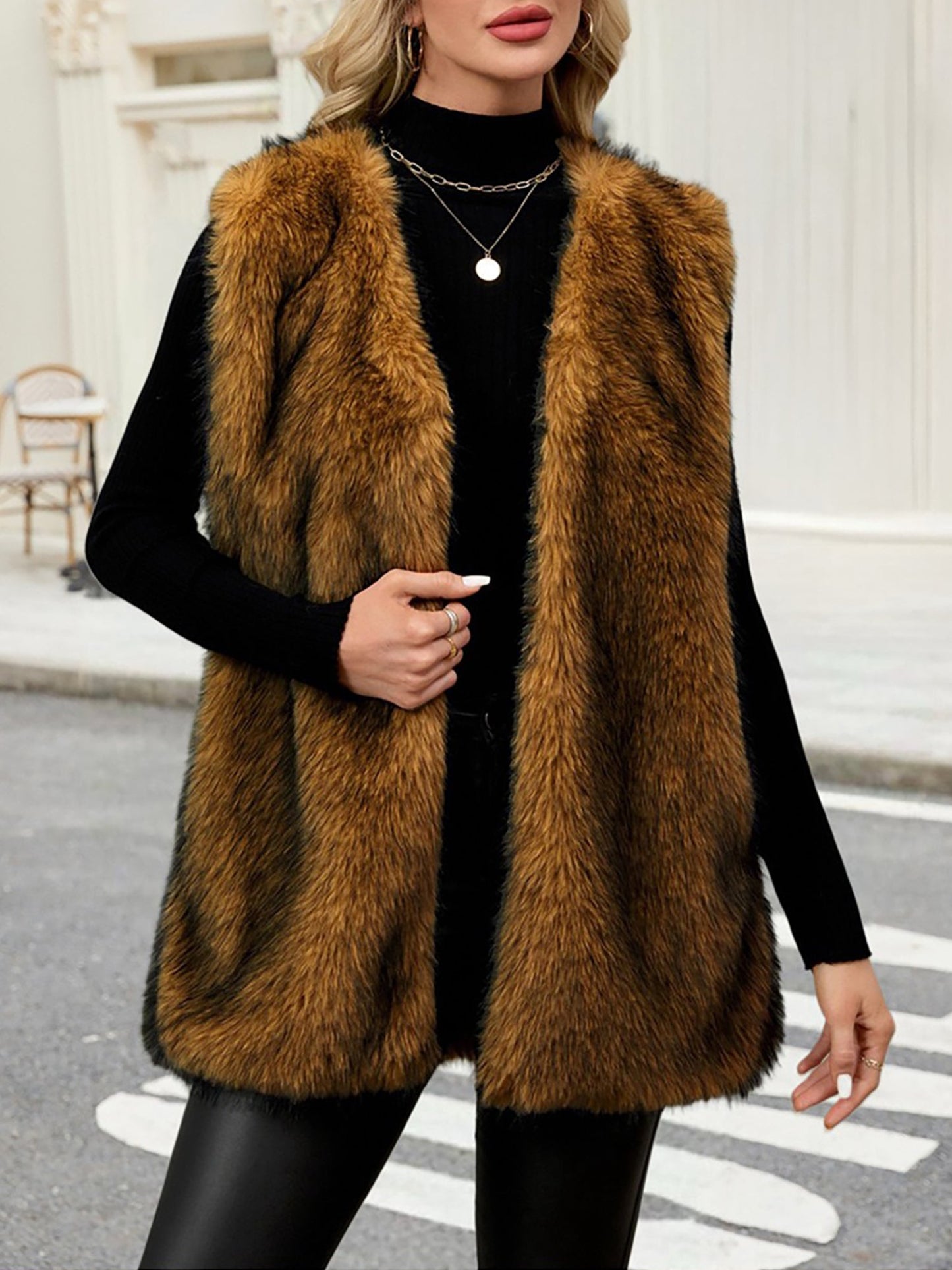 Collarless Sleeveless Open Front Faux Fur Vest