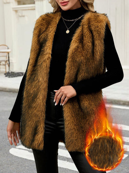Collarless Sleeveless Open Front Faux Fur Vest