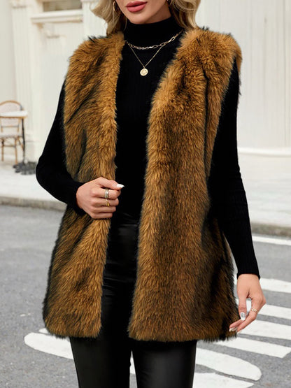 Collarless Sleeveless Open Front Faux Fur Vest
