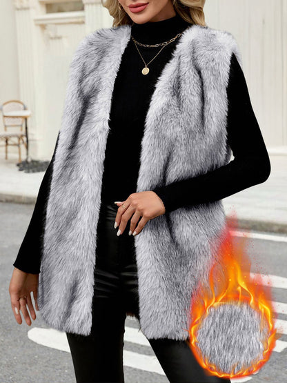 Collarless Sleeveless Open Front Faux Fur Vest
