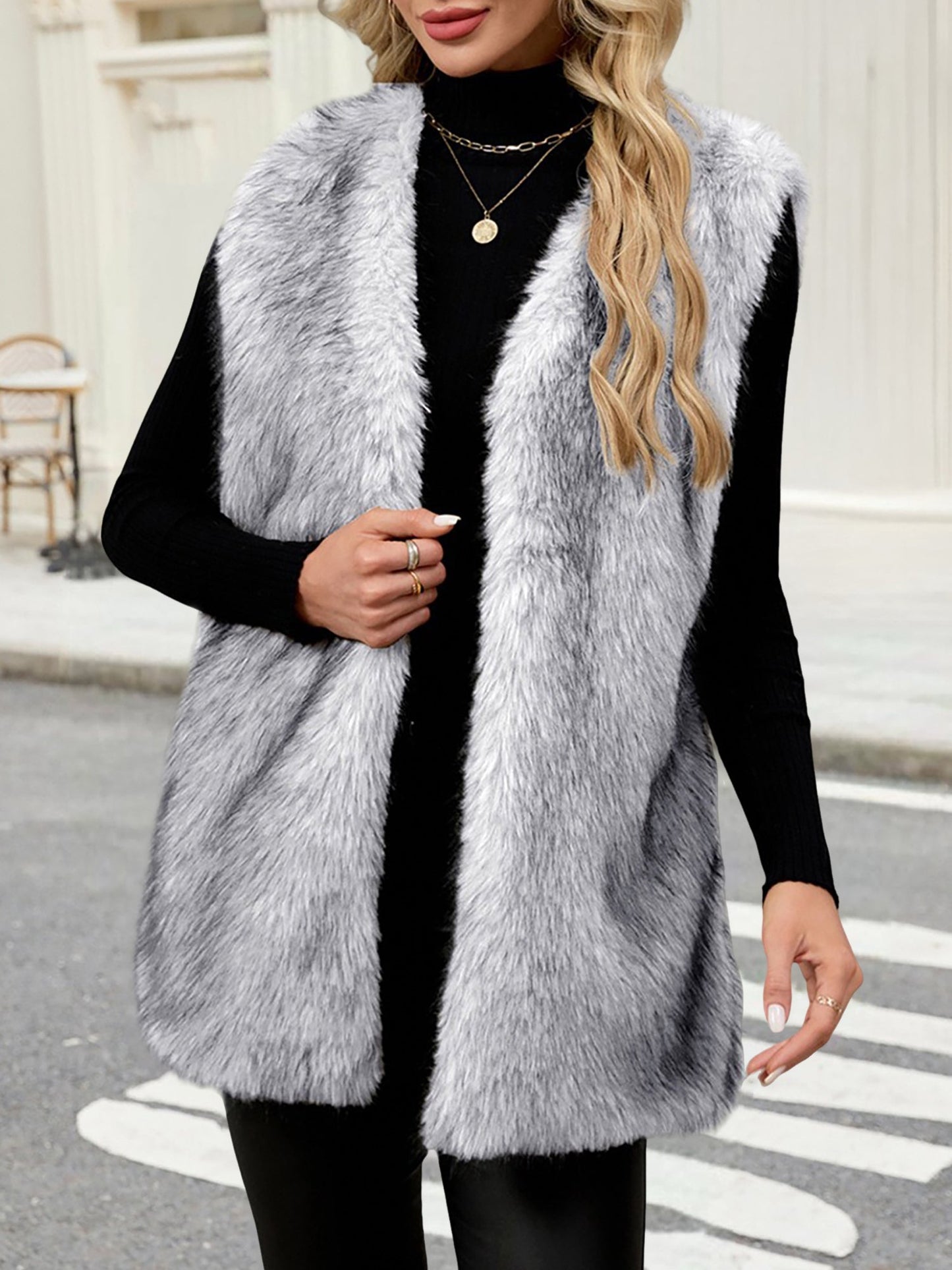 Collarless Sleeveless Open Front Faux Fur Vest