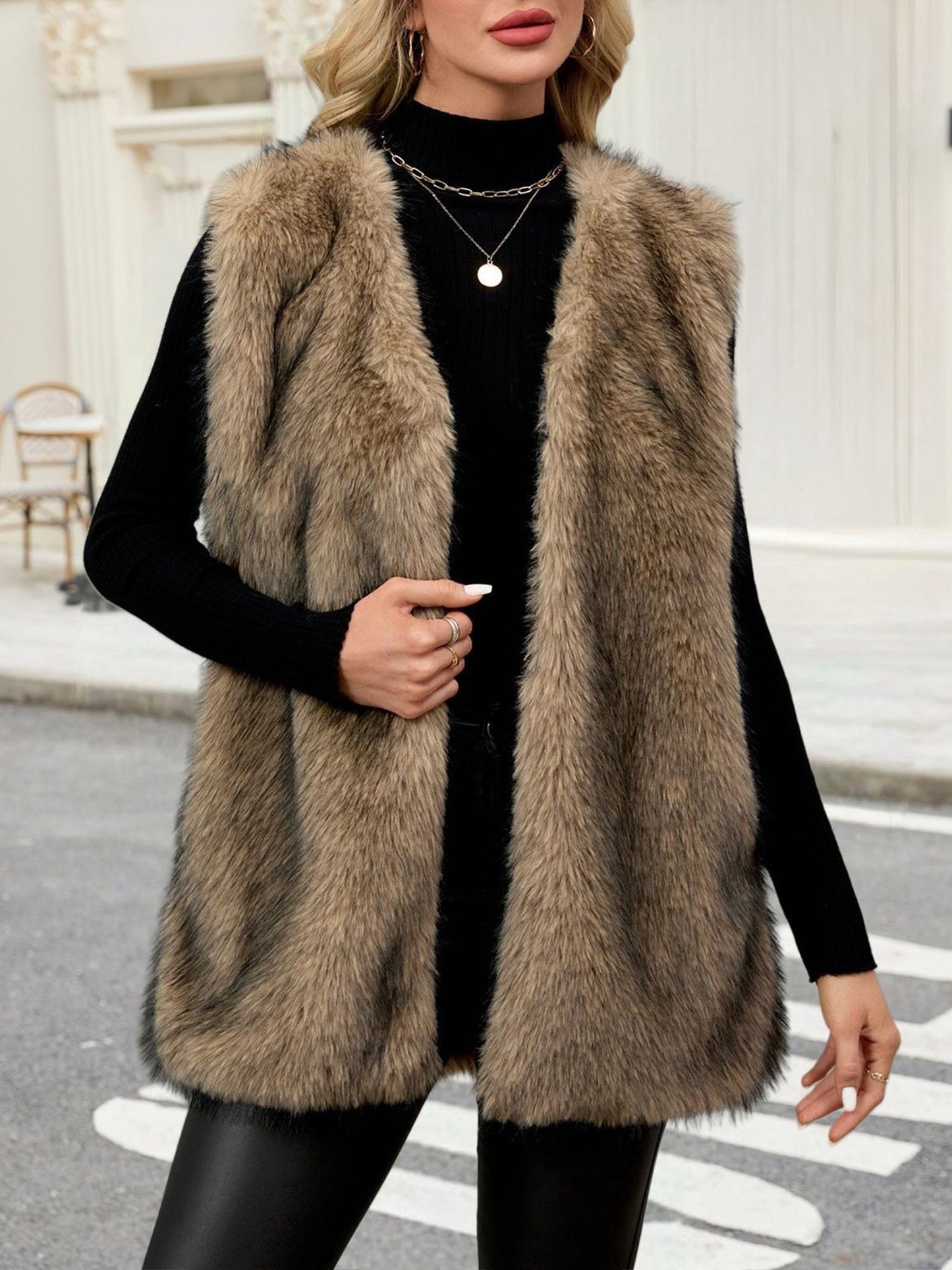 Collarless Sleeveless Open Front Faux Fur Vest