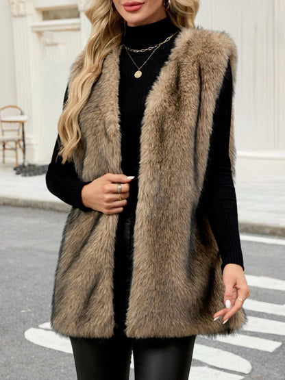 Collarless Sleeveless Open Front Faux Fur Vest
