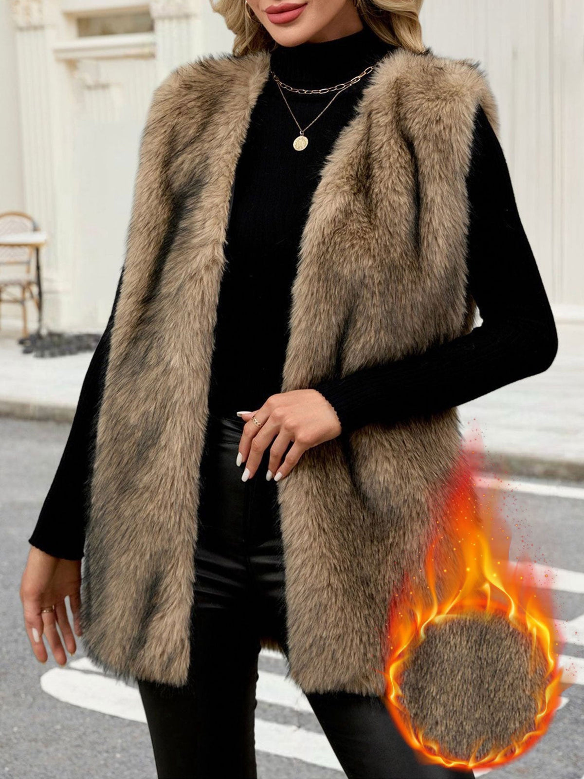 Collarless Sleeveless Open Front Faux Fur Vest