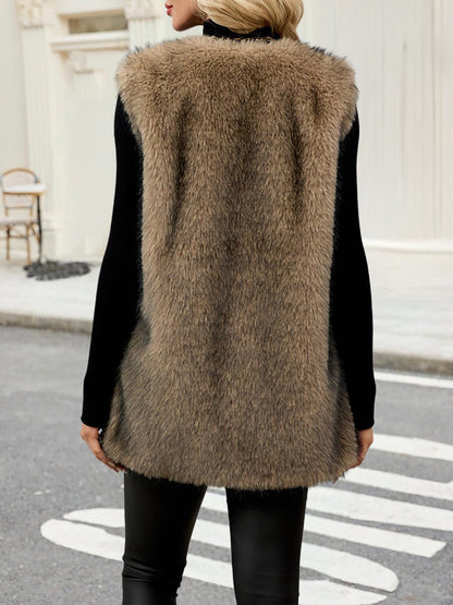 Collarless Sleeveless Open Front Faux Fur Vest