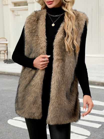 Collarless Sleeveless Open Front Faux Fur Vest