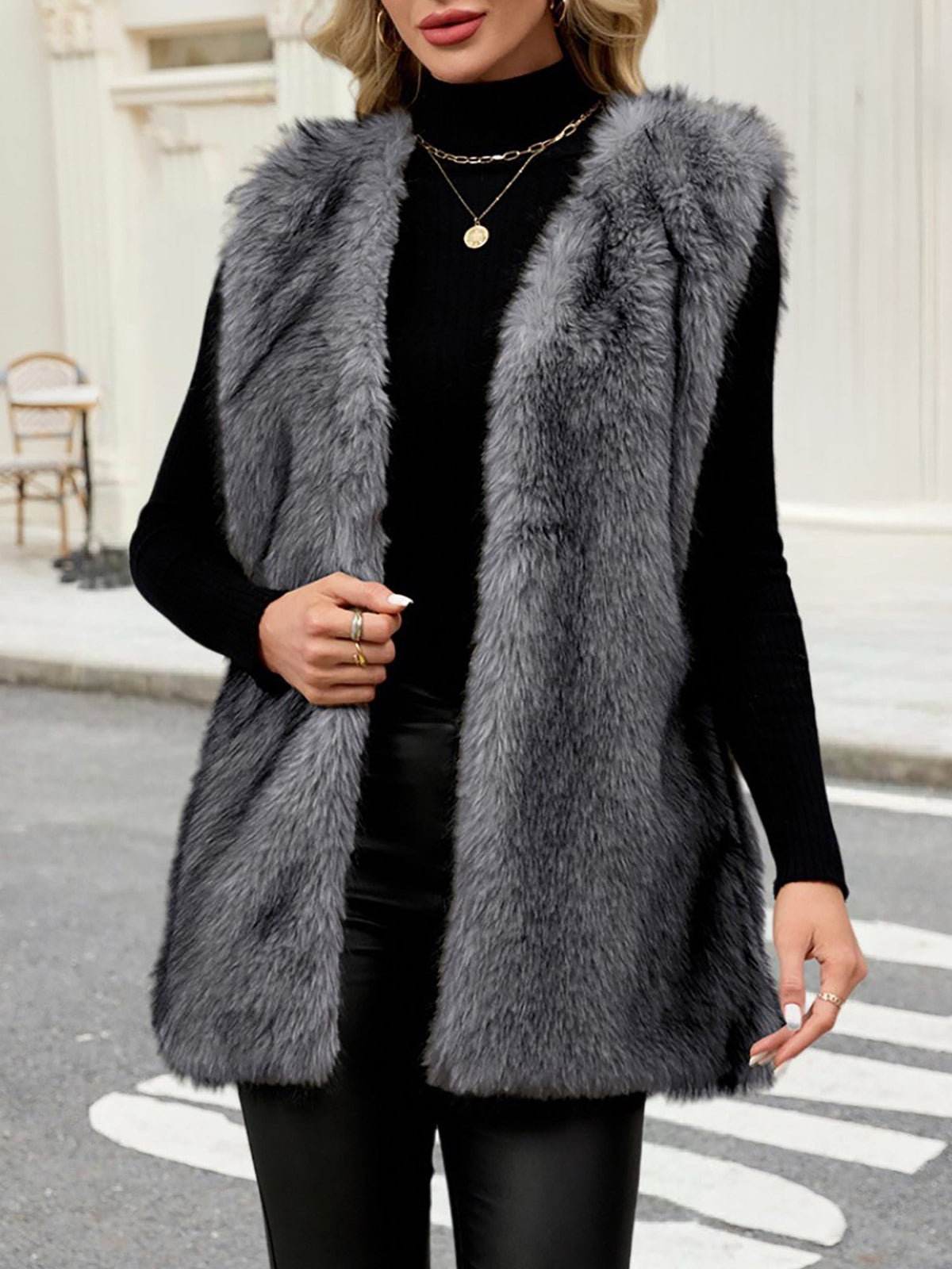 Collarless Sleeveless Open Front Faux Fur Vest