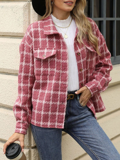 Lapel Plaid Long Sleeves Loose Fit Jacket