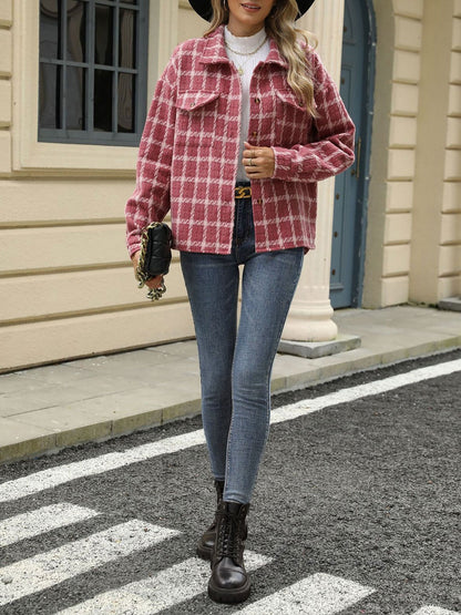 Lapel Plaid Long Sleeves Loose Fit Jacket