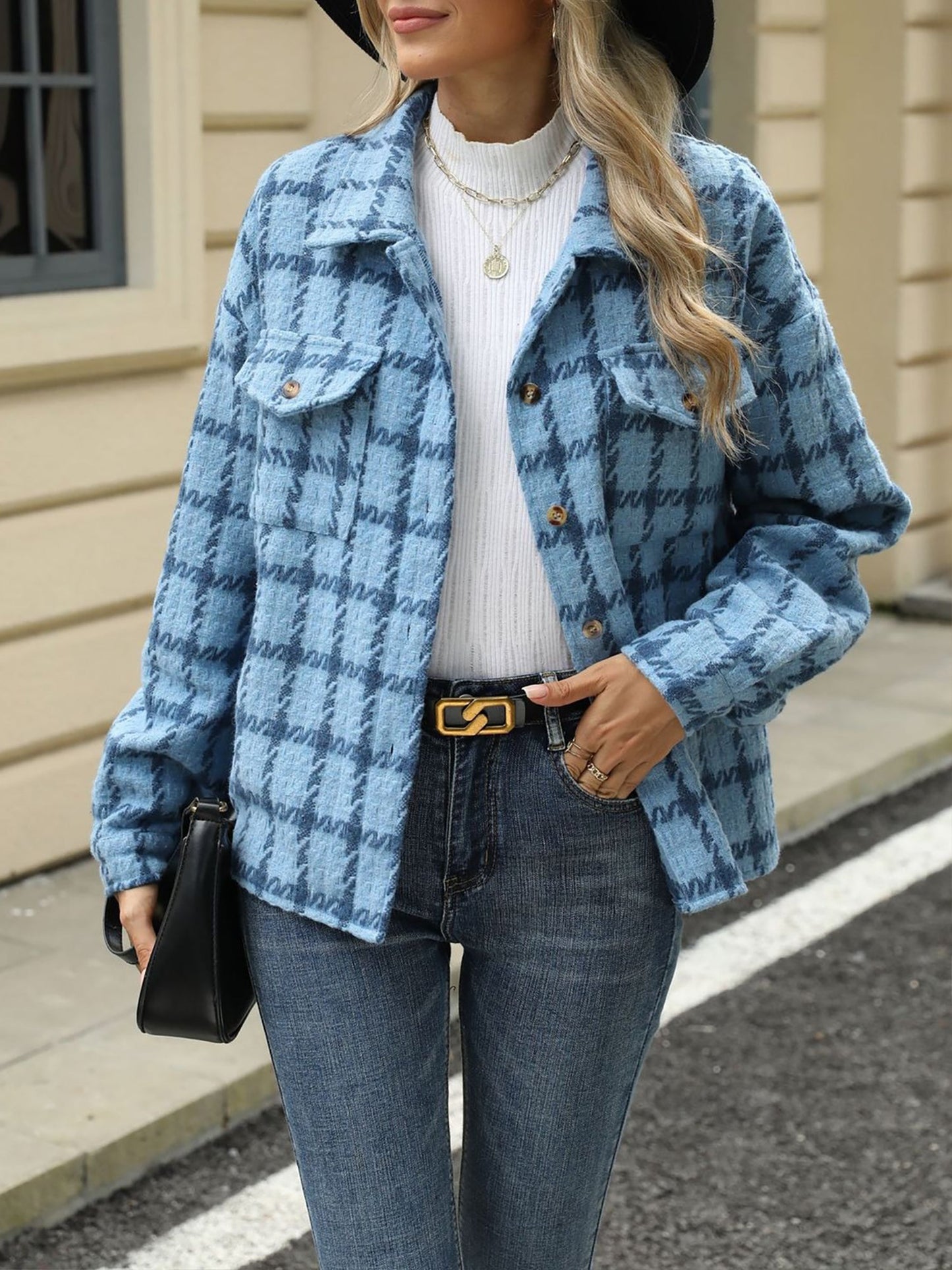 Lapel Plaid Long Sleeves Loose Fit Jacket