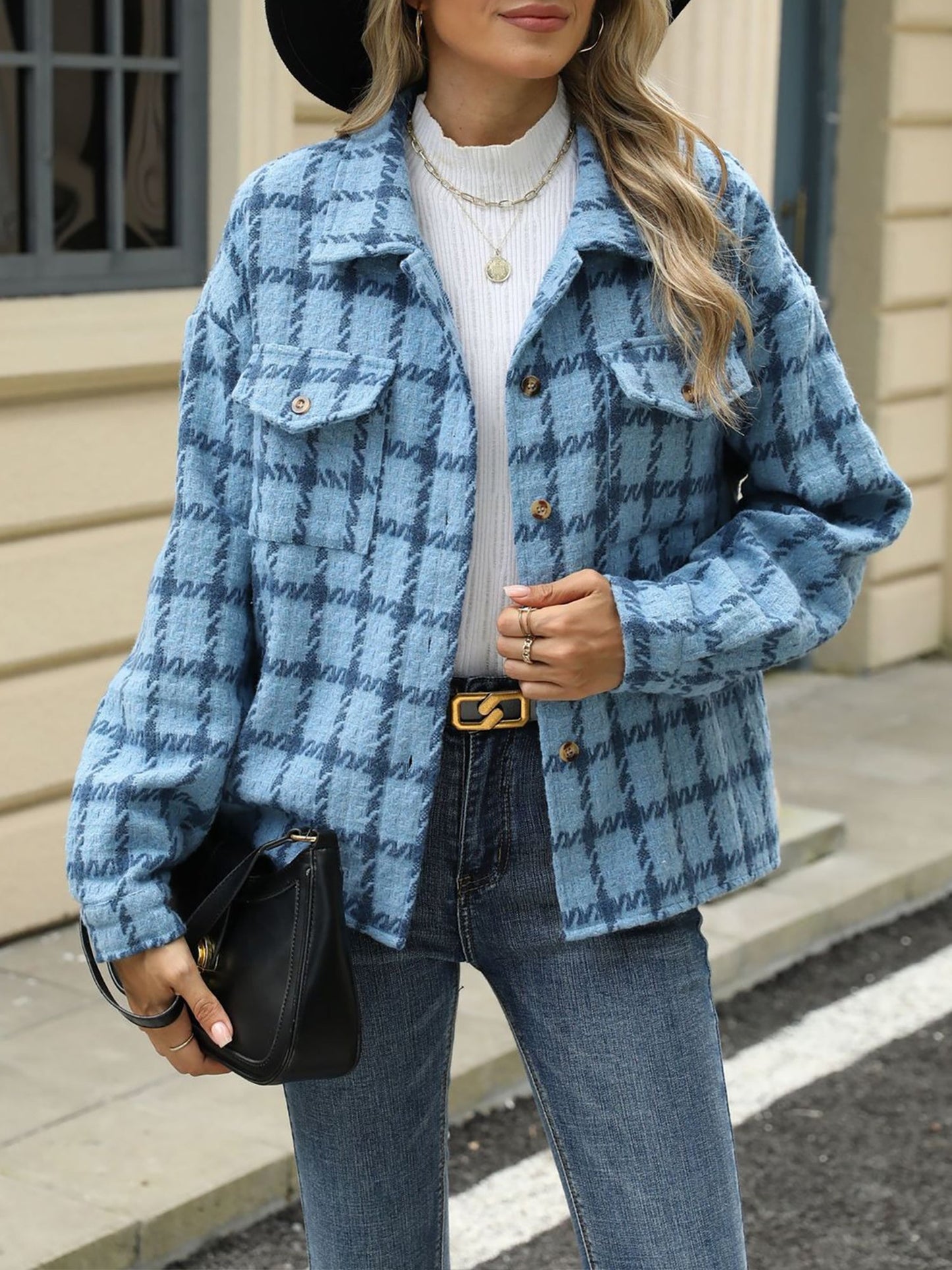 Lapel Plaid Long Sleeves Loose Fit Jacket