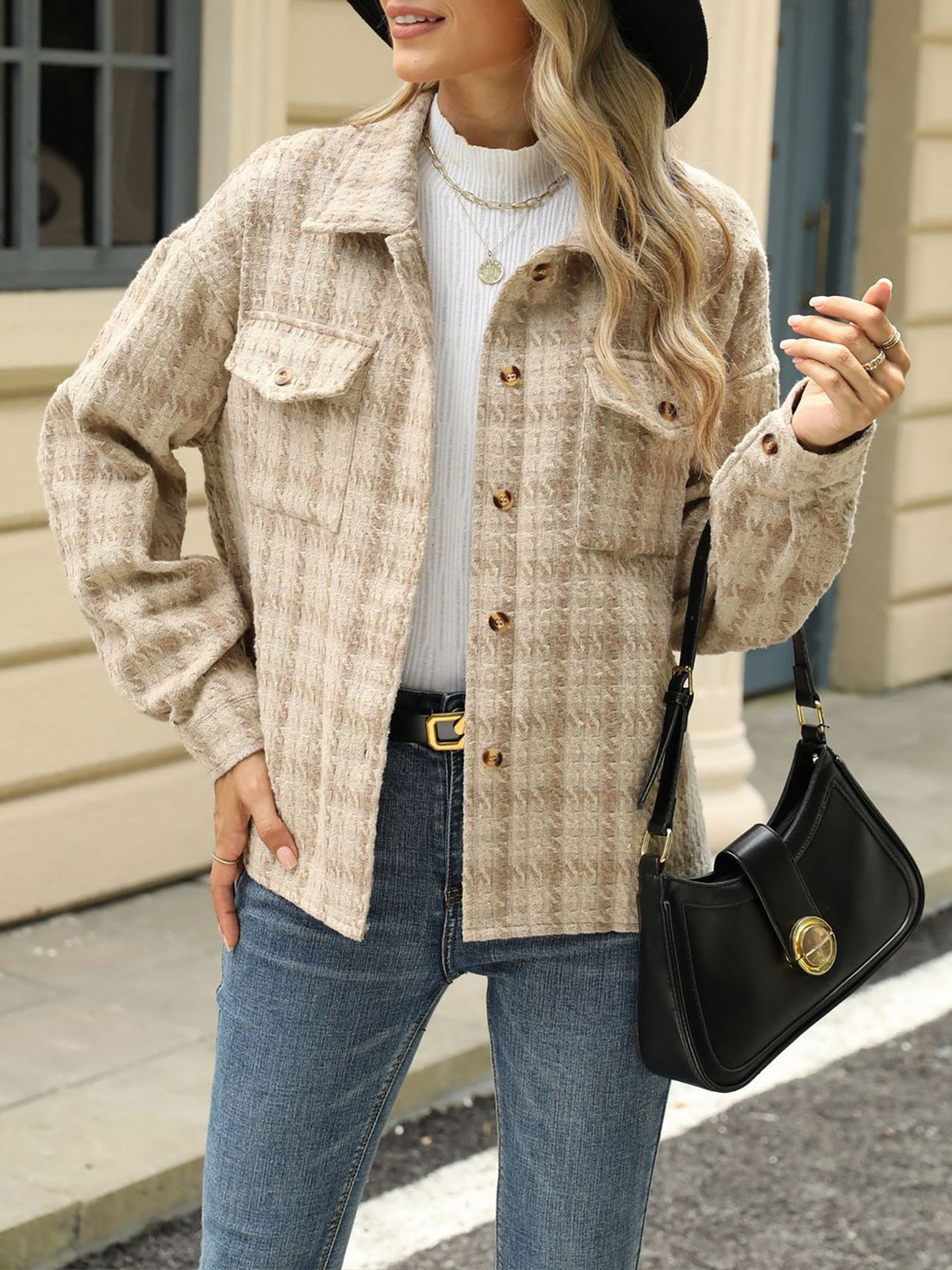 Lapel Plaid Long Sleeves Loose Fit Jacket
