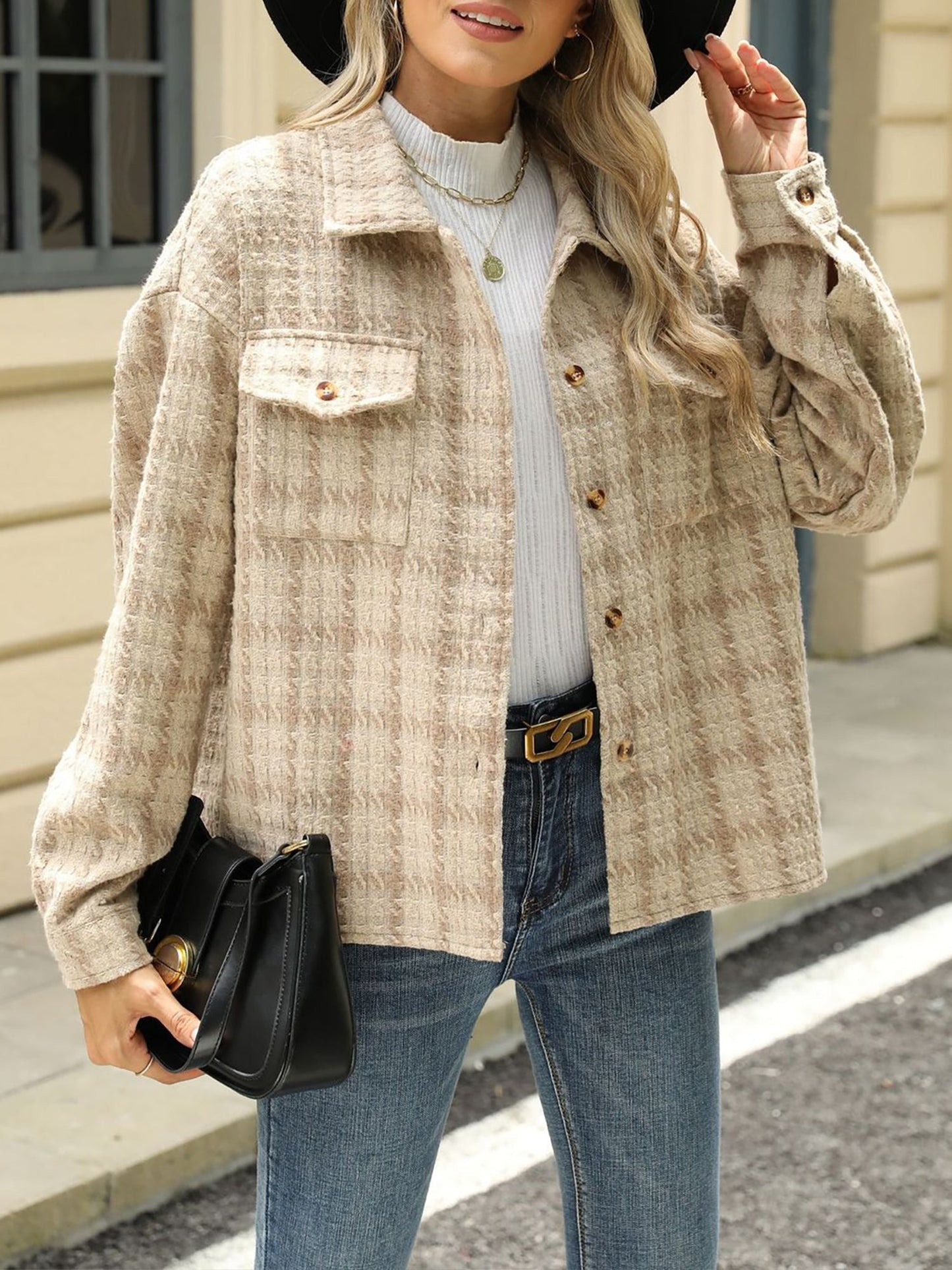 Lapel Plaid Long Sleeves Loose Fit Jacket