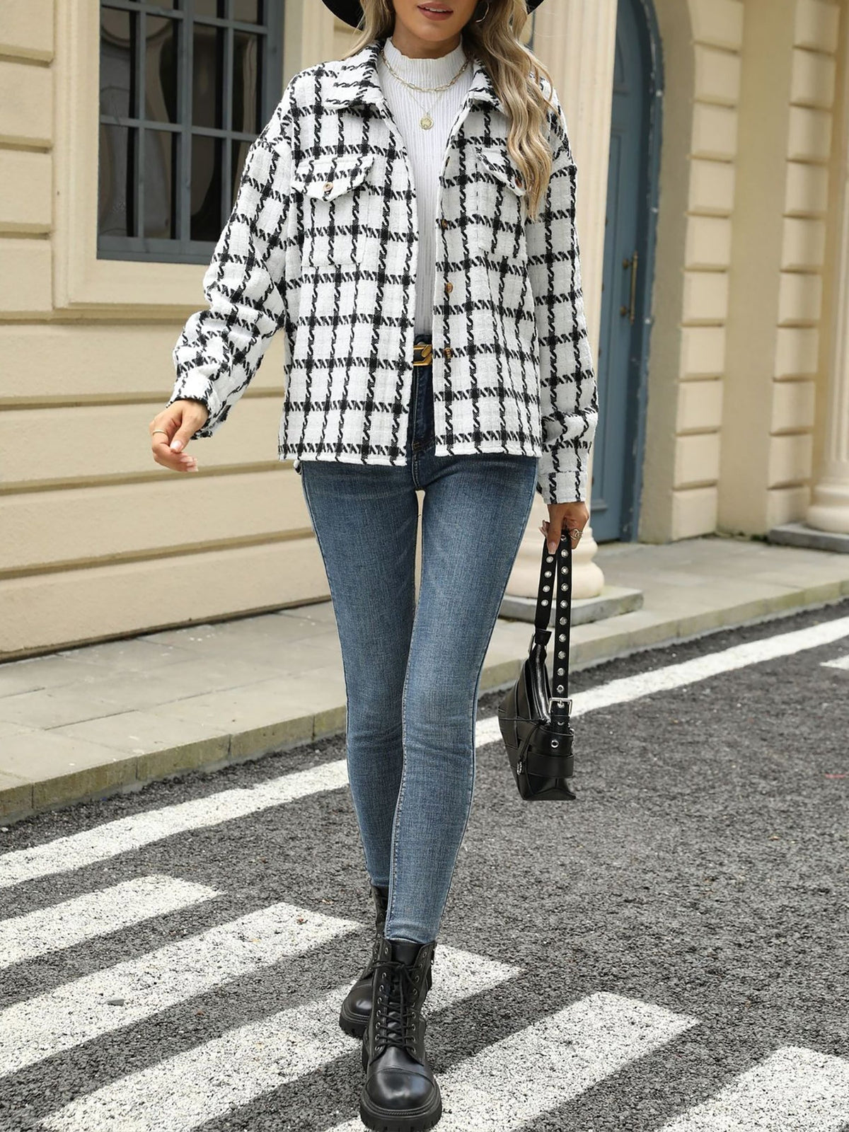 Lapel Plaid Long Sleeves Loose Fit Jacket