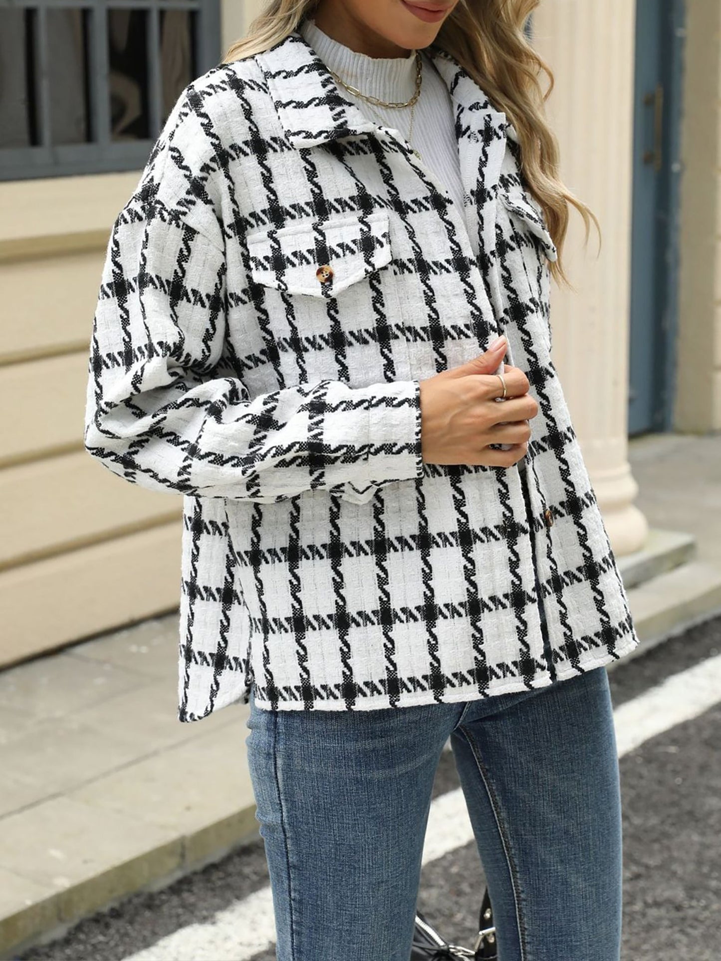 Lapel Plaid Long Sleeves Loose Fit Jacket