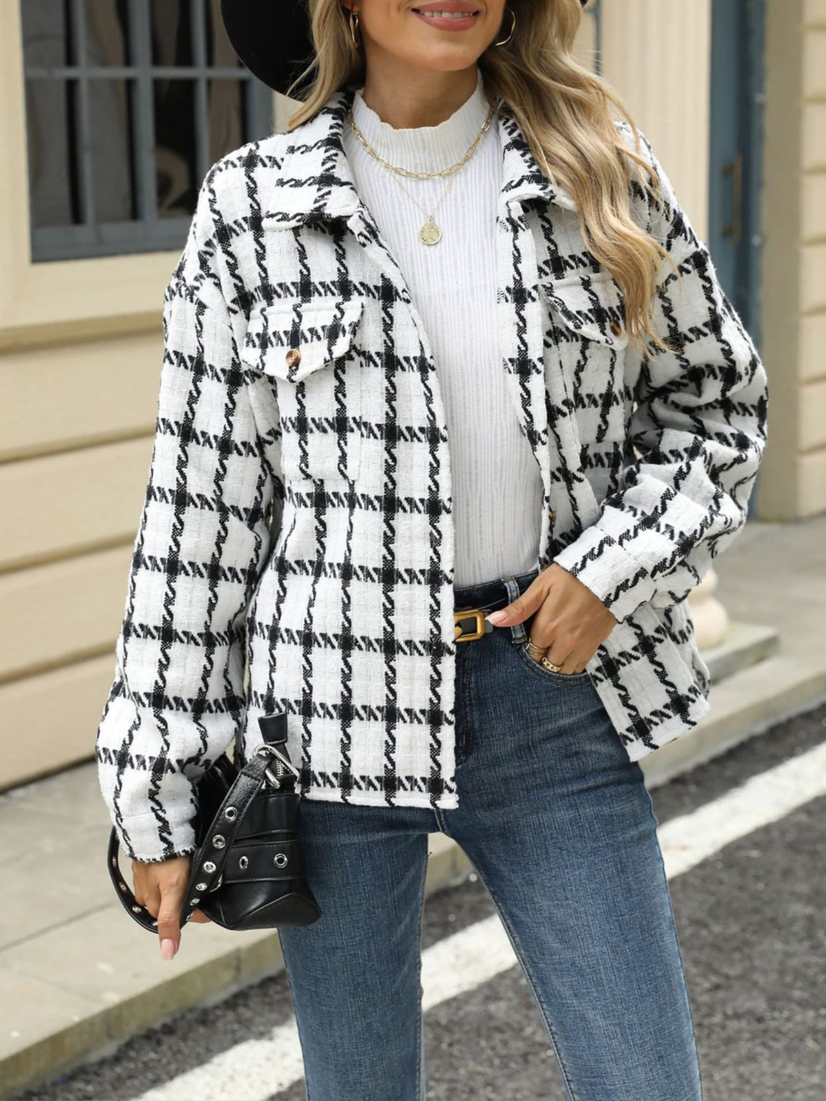 Lapel Plaid Long Sleeves Loose Fit Jacket