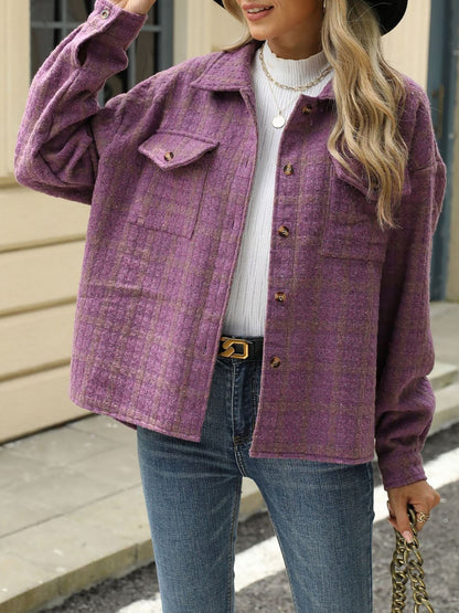 Lapel Plaid Long Sleeves Loose Fit Jacket