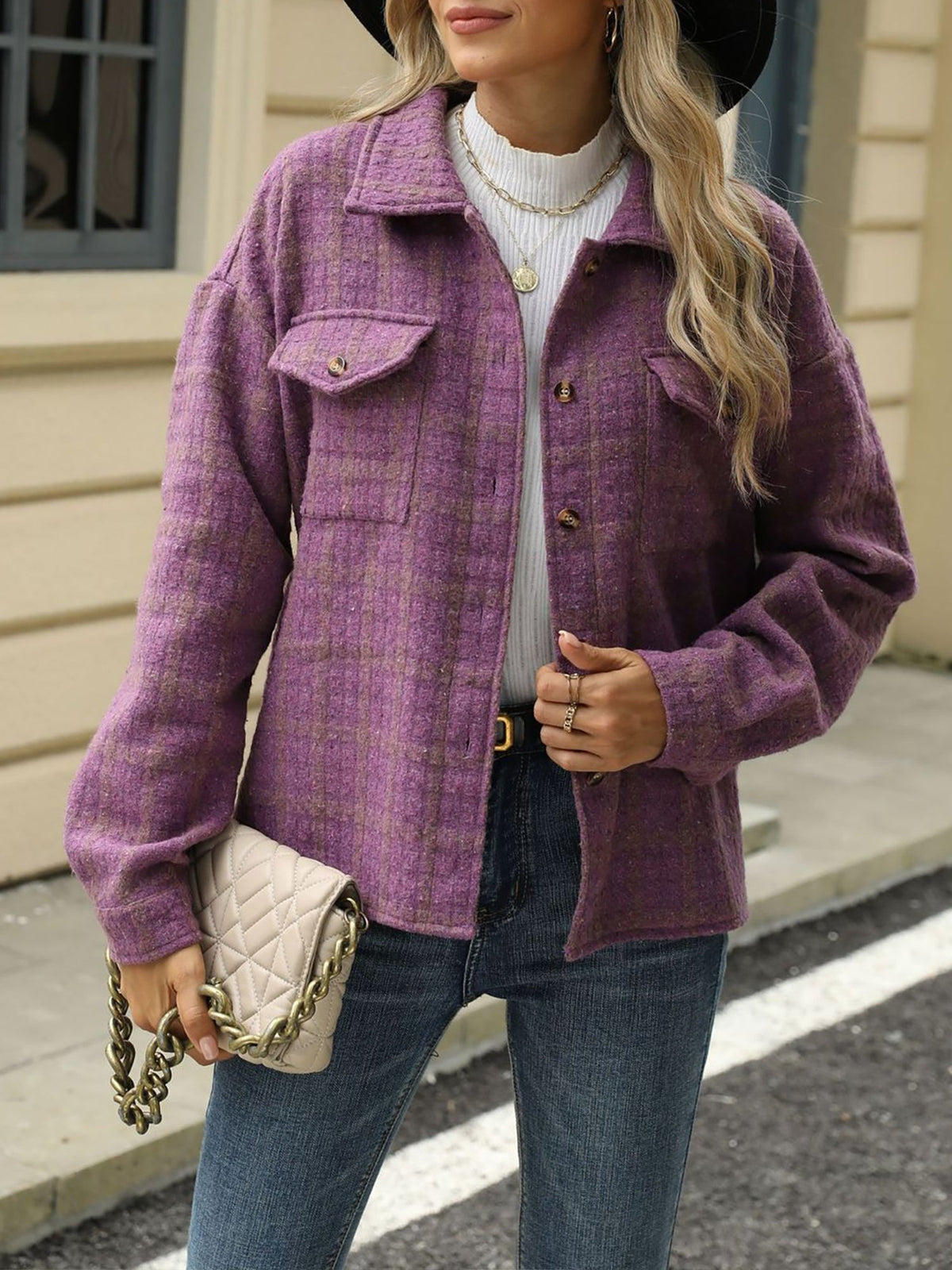 Lapel Plaid Long Sleeves Loose Fit Jacket